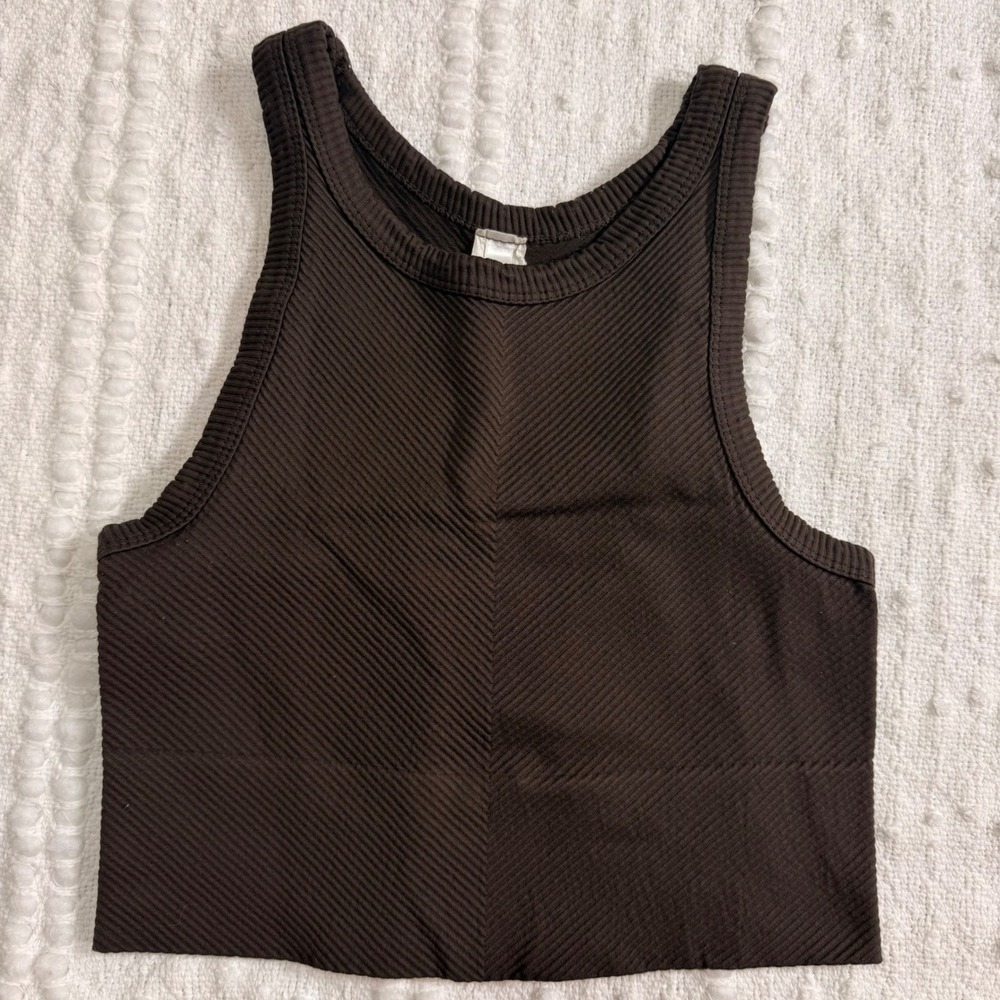 Nikibiki Ribbed Crop Tank Top Brown High Neck Chevron Seamless NS7913 USA Made